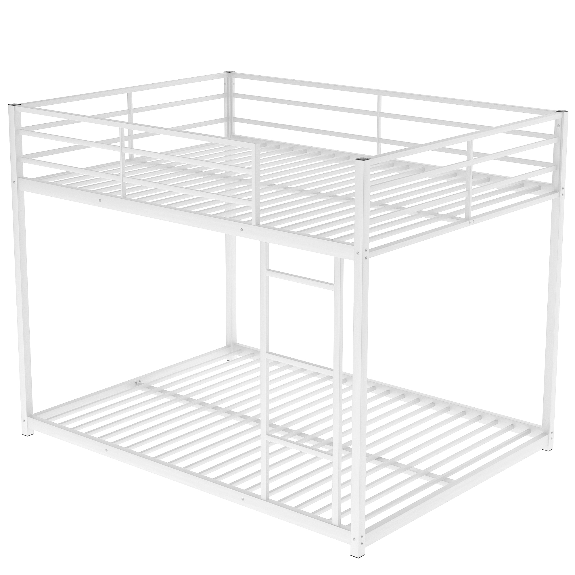 Leumius Full Over Full Low Bunk Bed for Kids Teens Adults,Metal Low Bunk Bed with Ladder and Safety Guardrails,Weight Capacity 350lb,White