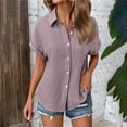 thumbnail image 2 of QQAMB Shirts for Women Lapel Button Down Solid Color Short Sleeve Summer Loose Comfy Blouse Tops with Pocket Purple M, 2 of 7
