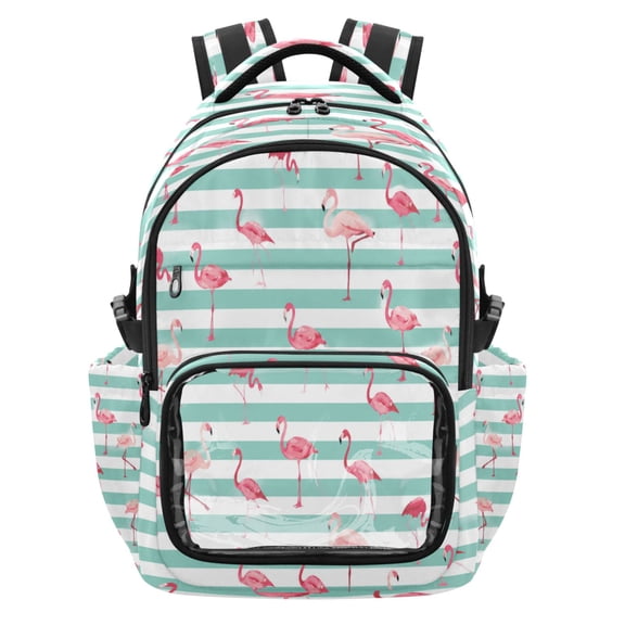 Qxltty Flamingo Stripes Backpack School Bookbag with Clear PVC Front Pocket, Laptop Compartment, Water Resistant Travel Daypack for Students