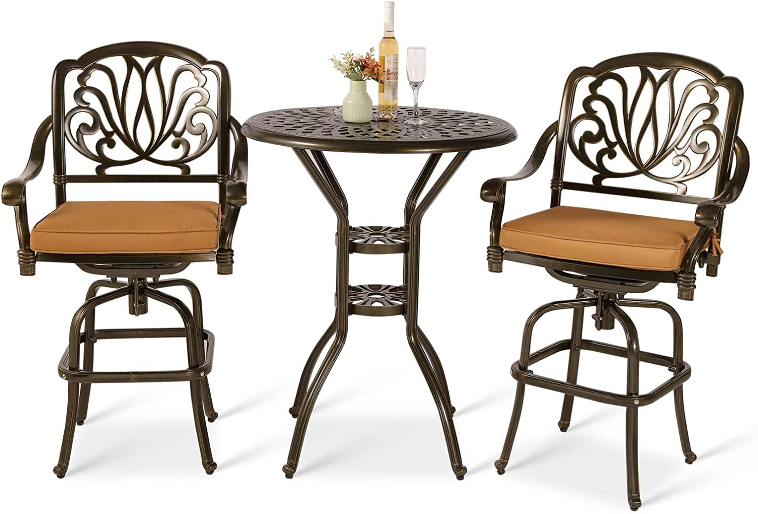 VIVIJASON 3Piece Patio Swivel Bar Stools Set, All Weather Cast Aluminum Outdoor Bar Height