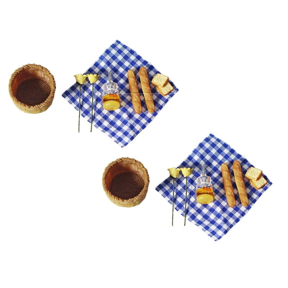 2Pack 1/12 Food Miniature Decor Dollhouse Miniature Food Bread Honey In Basket & Picnic Cloth Set For Dollhouse Decoration Toy Display Props Model Dolls Accessories