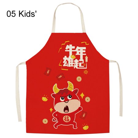 

Meizhencang Red Apron New Year Cartoon Ox Cattle Pattern Kitchen Cooking Snack Shop Overalls