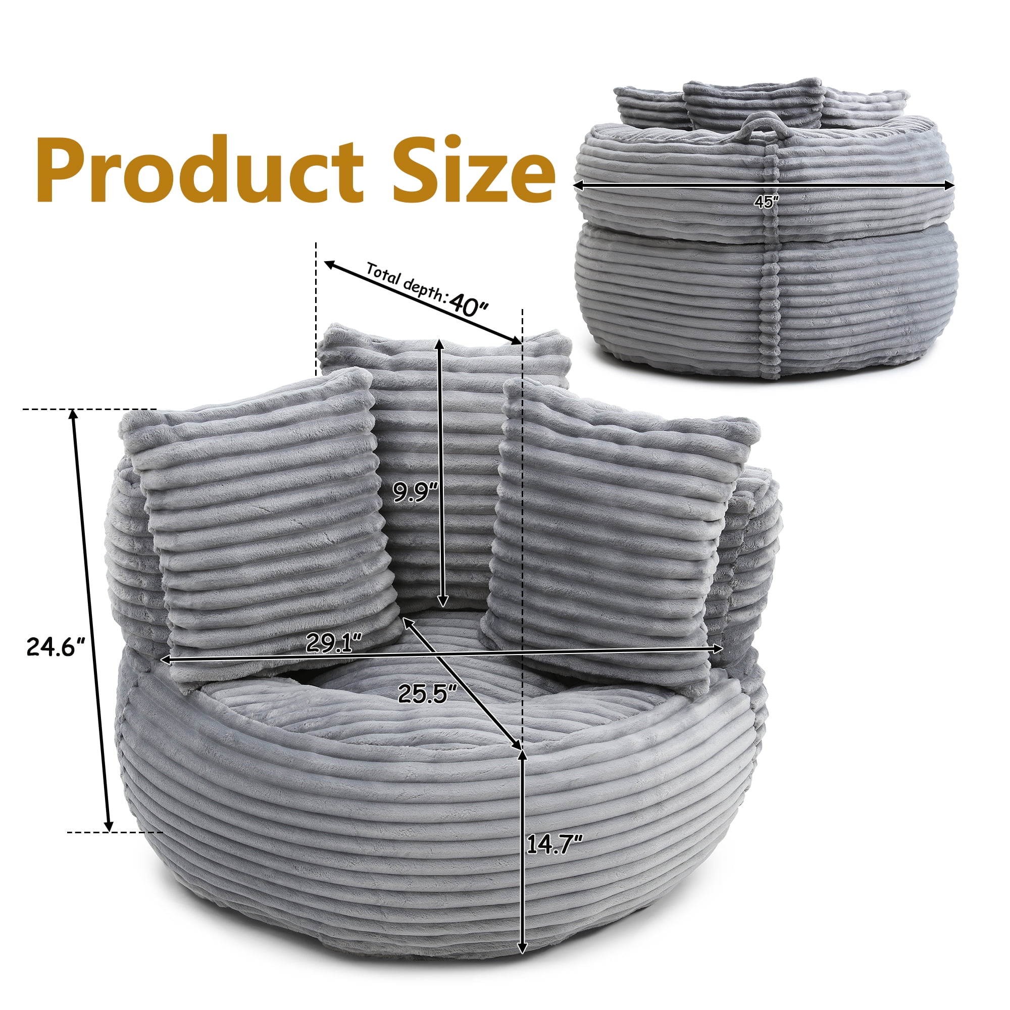 HIUU 45" Gray Bean Bag Chair for Adults with Pull String,Cozy Corduroy Memory Foam Chair,Oversized Bean Bag Chairs for Reading,Floor Beanbag Sofa
