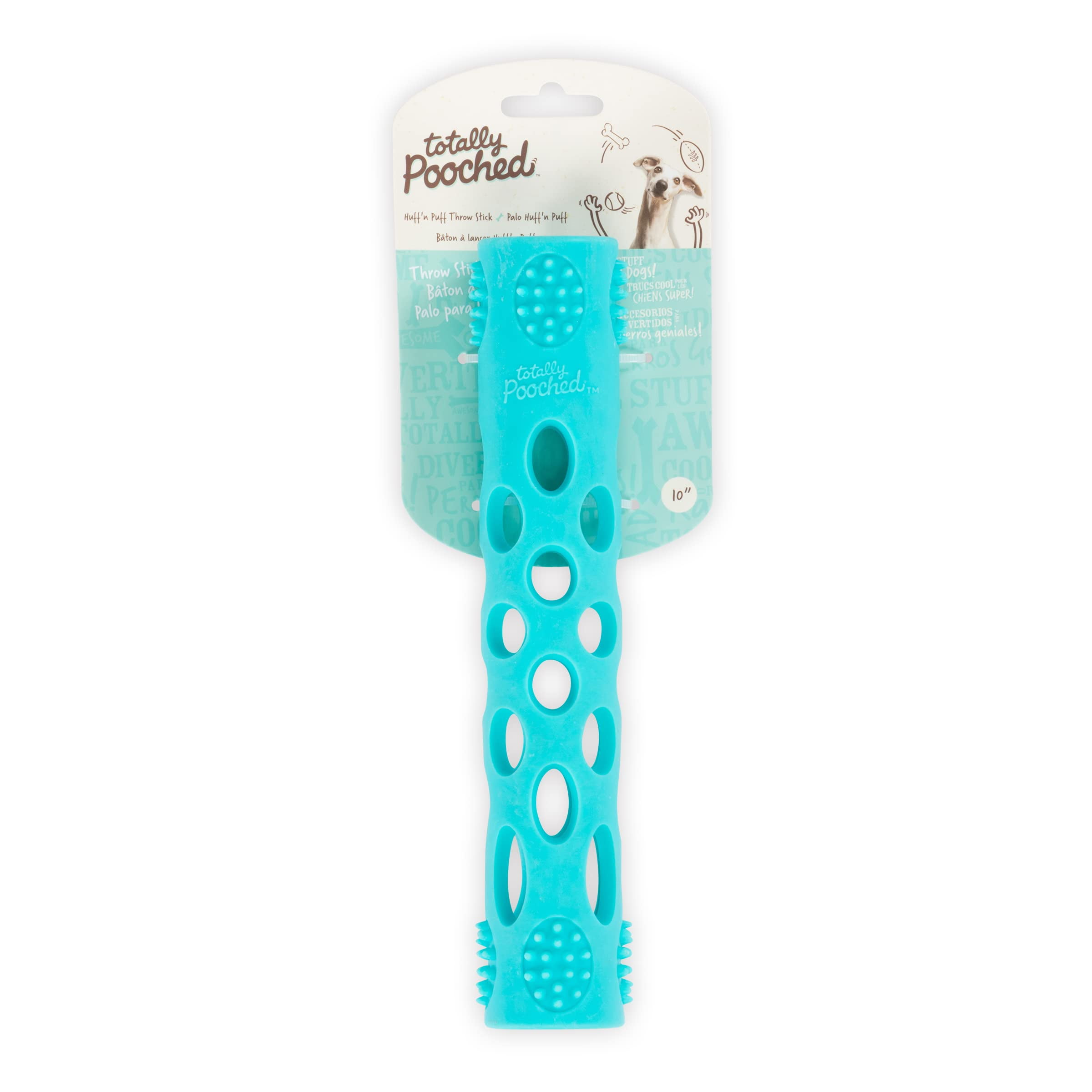 Messy Mutts Totally Pooched Huff'n Puff Stick | 10” x 2” TPR Puzzle Stick for Dogs | 2-in-1 Durable Interactive Toy and Tooth Cleaner | Teal