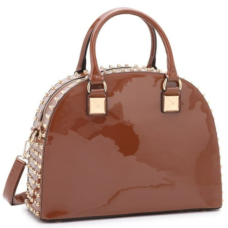 Dome Studs Bag - Dasein Patent Rhinestone Studded Dome Zip Around Flat Bottom Fashion Handbag