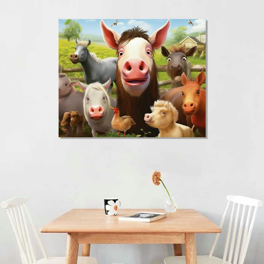 JEUXUS  Funny Farmhouse Animals Wall Art Cow Pig Donkey Friends Canvas Wall Decor Rustic Farm Animals Pictures Painting Country Style Artwork for Home Bathroom Office Framed Ready to Hang
