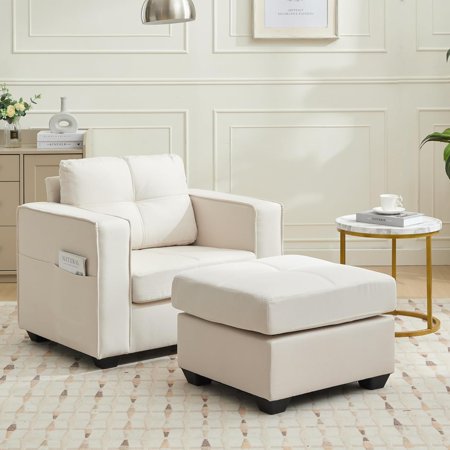 SASYXDC Oversized Chaise Lounge Chair Indoor Accent Chair with Ottoman Mid Century Armchair with Pockets Linen Fabric Tufted Comfy Sofa Chair for Bedroom Living Room (Cream Beige)