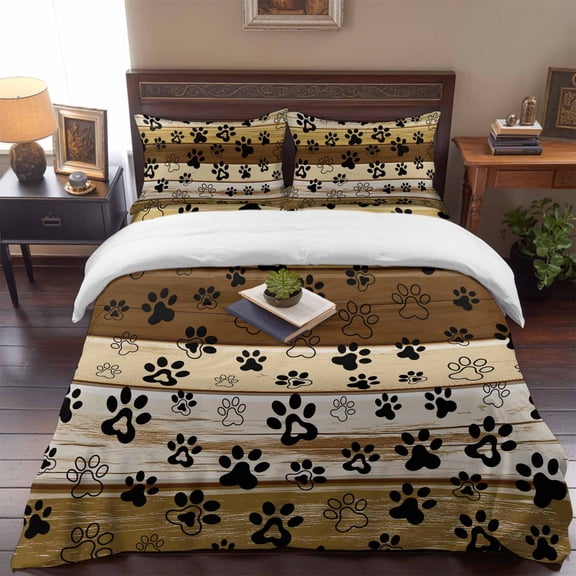 Queen Size Duvet Cover 4 Piece Bedding Set Dog Paw Print Bed Sheet Sets Soft Microfiber Comforter Cover with Flat Sheet 2 Pillow Shams
