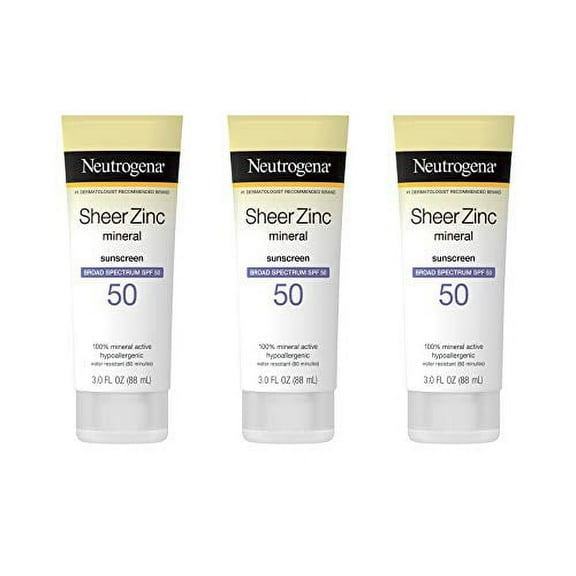 Neutrogena Sheer Zinc Oxide Dry-Touch Mineral Sunscreen Lotion, Broad Spectrum SPF 50 UVA/UVB Protection, Water-Resistant, Hypoallergenic and Non-Greasy, Paraben-Free, 3 fl. oz, Pack of 3