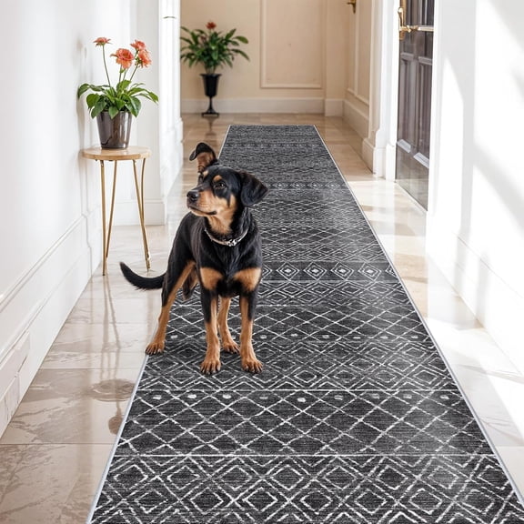3x16 Black Moroccan Washable Rug:Modern Boho Long Hallway Runner Rug