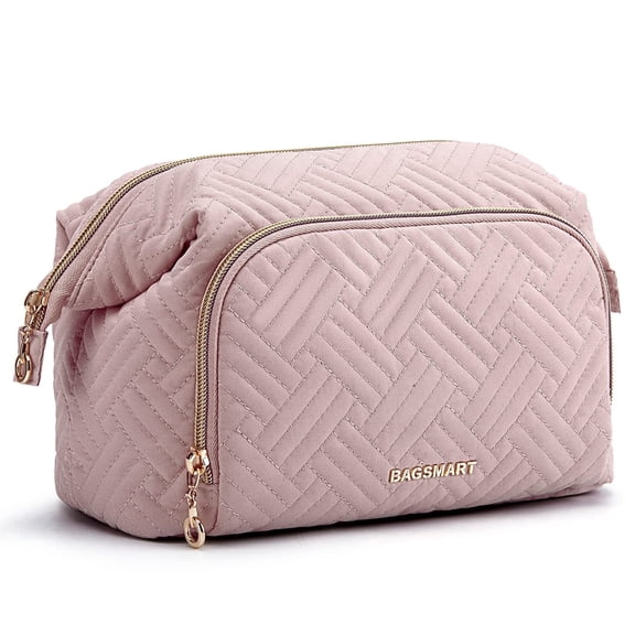 BAGSMART Large Capacity Makeup Bag Cosmetic Pouch, Wide-Open Travel Toiletry Bag Organizer Case for Lipsticks Electonic Accessories, Waterproof Portable, Multifunction, Pink