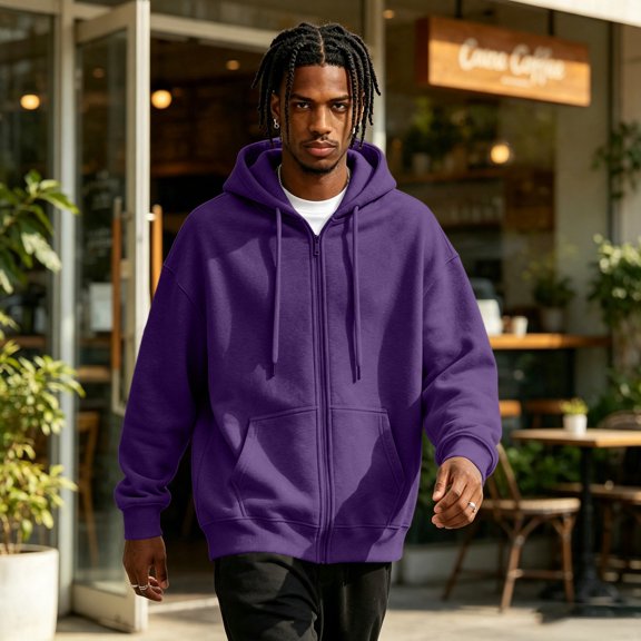 Mens Zip Up Hoodies Oversized Fleece Long Sleeve Drop Shoulder Hooded Sweatshirt Trendy Vintage Streetwear Purple S