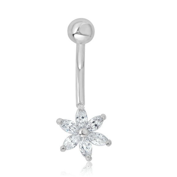 AVORA 10K White Gold Simulated Diamond CZ Floral Belly Button Ring Body Jewelry (14 Gauge)