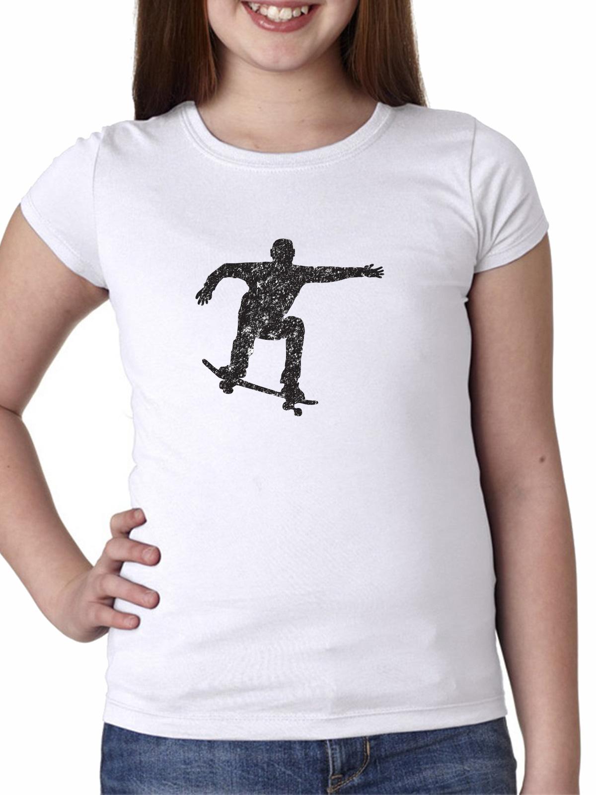 Trendy Skateboarding Jump Trick Ollie Silhouette Girl's Cotton Youth T-Shirt by Hollywood Thread