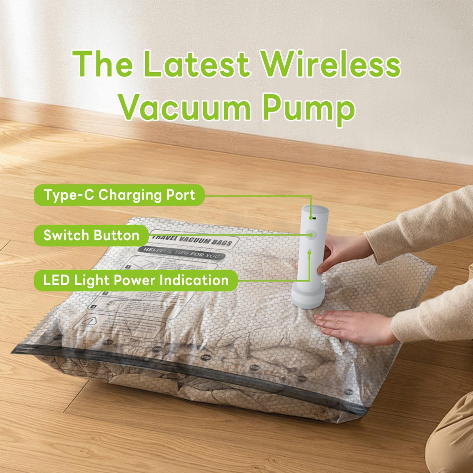 Cordless Travel Vacuum Bag Set, Waterproof Packing Compression Bags,Reusable Space with Rechargeable Air Pump for Moving & Seasonal Clothing Storage
