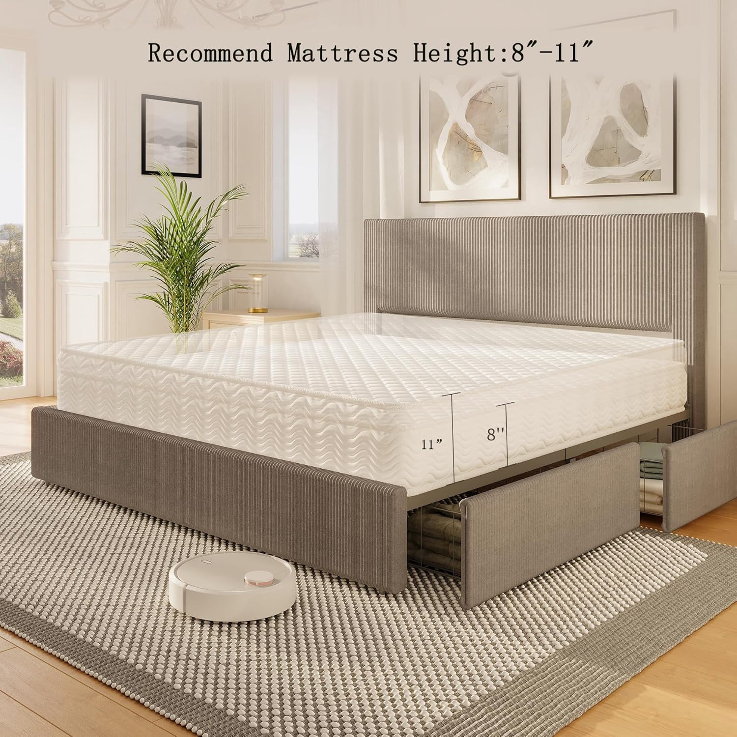 Queen Size Platform Bed Frame with 4 Storage Drawers, Upholstered Corduroy Channel Tufted Headboard Bed Frame with Strong Wooden Slat Support, No Box Spring Needed, Brown