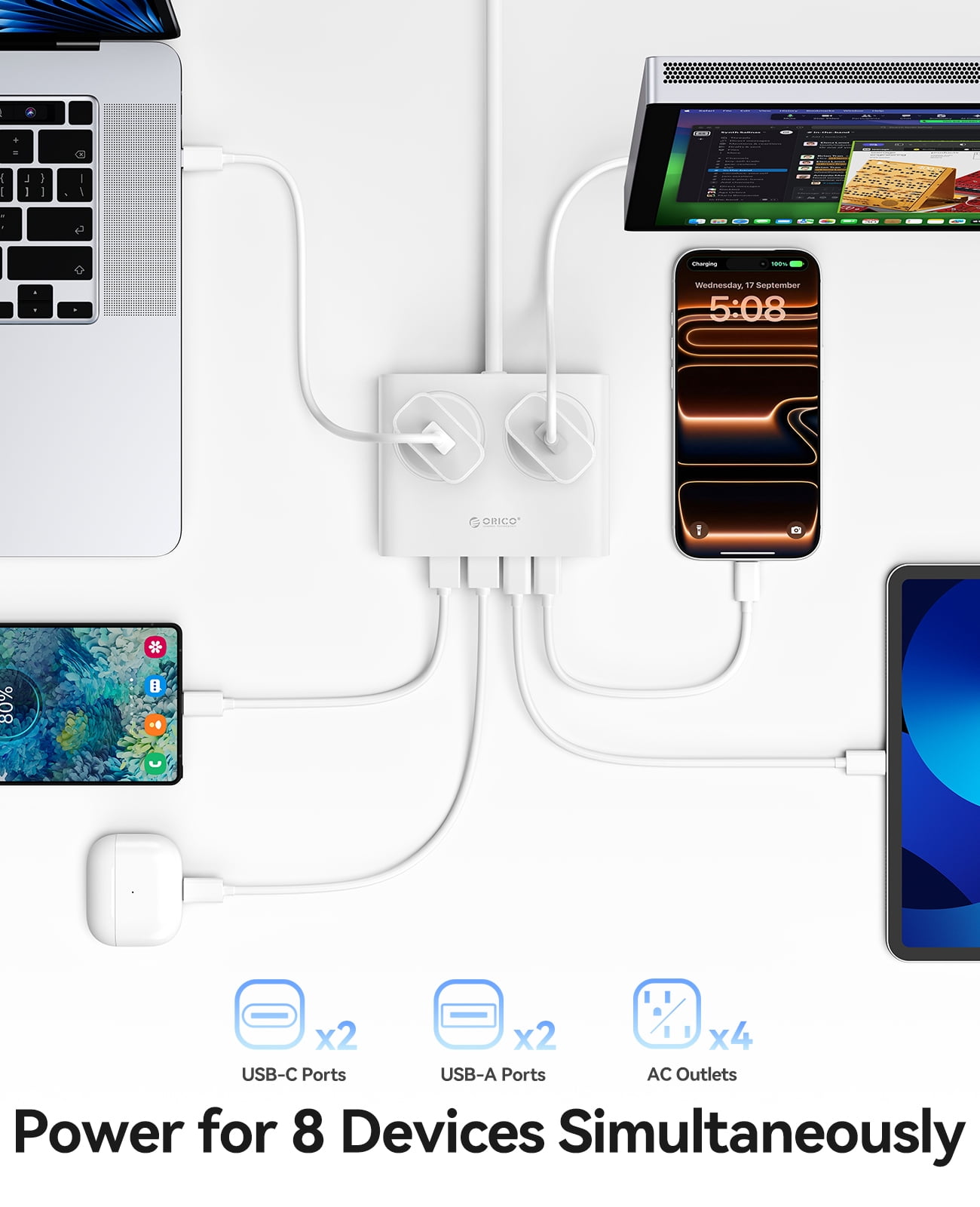 ORICO 25W GaN 8-in-1 Power Strip with 4 AC Outlets & 4 USB Ports (USB-A/USB-C), 5ft Flat Plug Outlet Extender for Home Office Travel(WHITE)