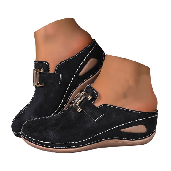 Rokment Womens Buckles Orthotic Clogs with Arch Support Trendy Casual Suede Closed Toe Platform Wedges Mid Heels Mules Backless Sandals for Ladies Summer Fall Black Size 6