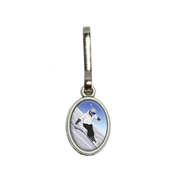 Skiing Down a Mountain - Skier Snow Skis Oval Zipper Pull
