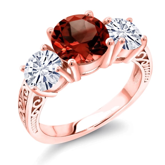 Gem Stone King 18K Rose Gold Plated Silver Red Garnet and White Moissanite Engagement Ring for Women | 4.10 Cttw | Round 8MM | Gemstone January Birthstone | Size 9