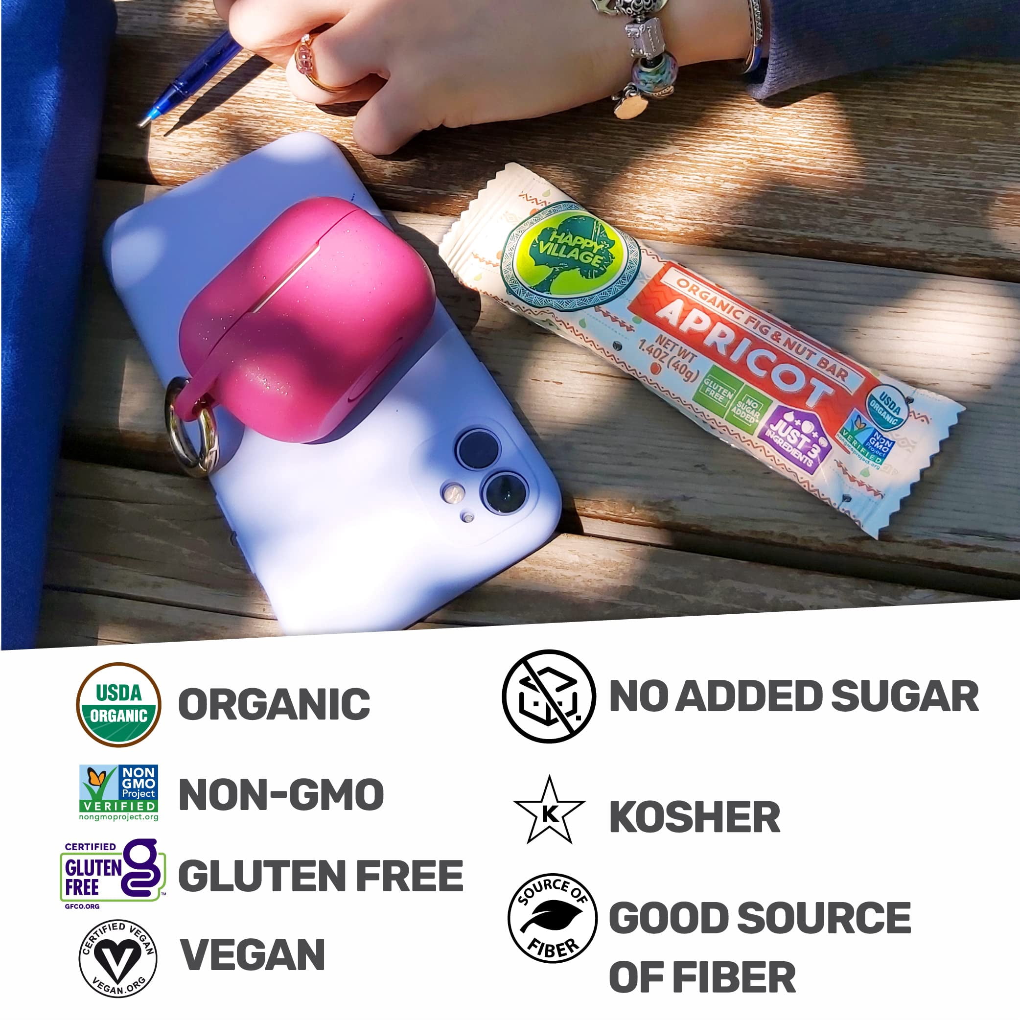 Happy Village Organic Fig & Nut Bar, Apricot – 3 Ingredients, Gluten-Free, No Sugar Added, Vegan, Kosher, Non-GMO – 16 x 1.4 oz, Resealable pack