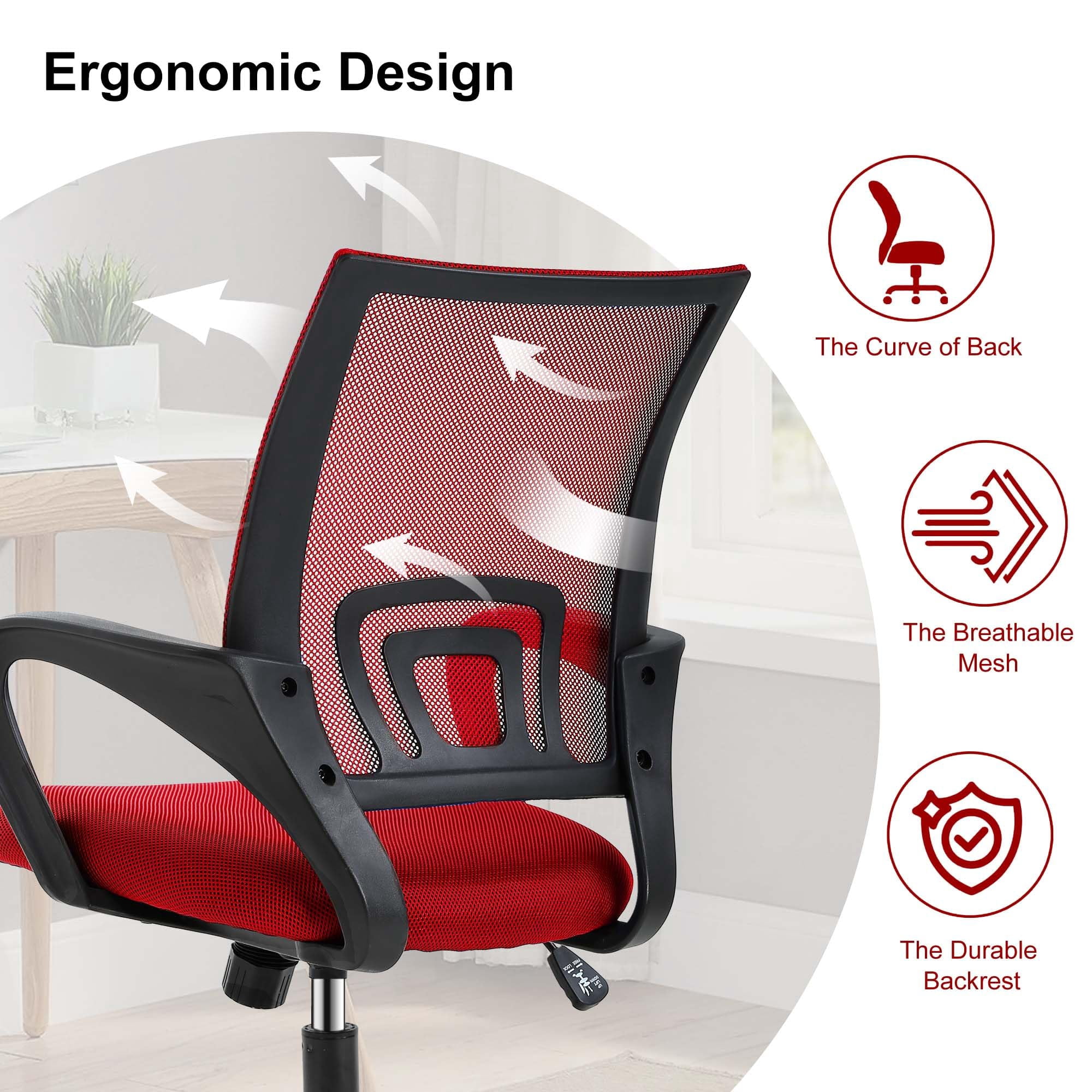 CL.HPAHKL Ergonomic Desk Chair, Mid-Back Mesh Office Chair with Wheels, Rolling Swivel Computer Task Chair for Home Office, Fixed Armrests, Tilt & Height Adjustable, Red