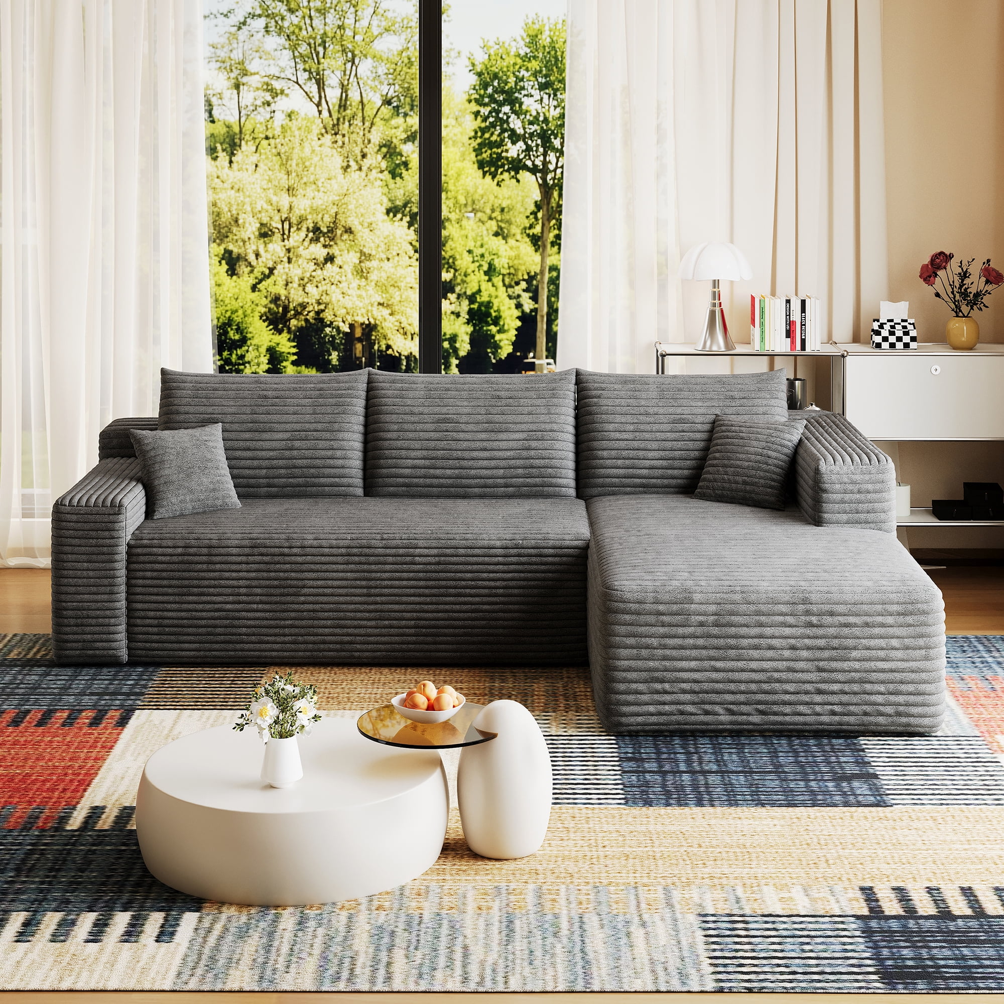 95-Inch Cloud Sectional Sofa with Plush Corduroy Fabric, U-Shaped Modular Couch and Corner Sofa for Living Room with Deep Seat, No Assembly Required, Dark Grey