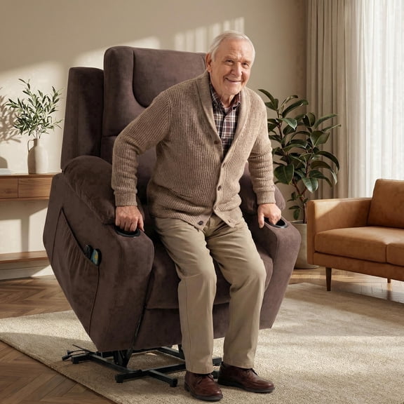 UHOMEPRO Power Lift Recliner Chair for Elderly, Electric Stand Assist Lift Chair with Heat and Massage, USB Port, Cup Holders, Side Pockets, Living Room Recliner, Brown