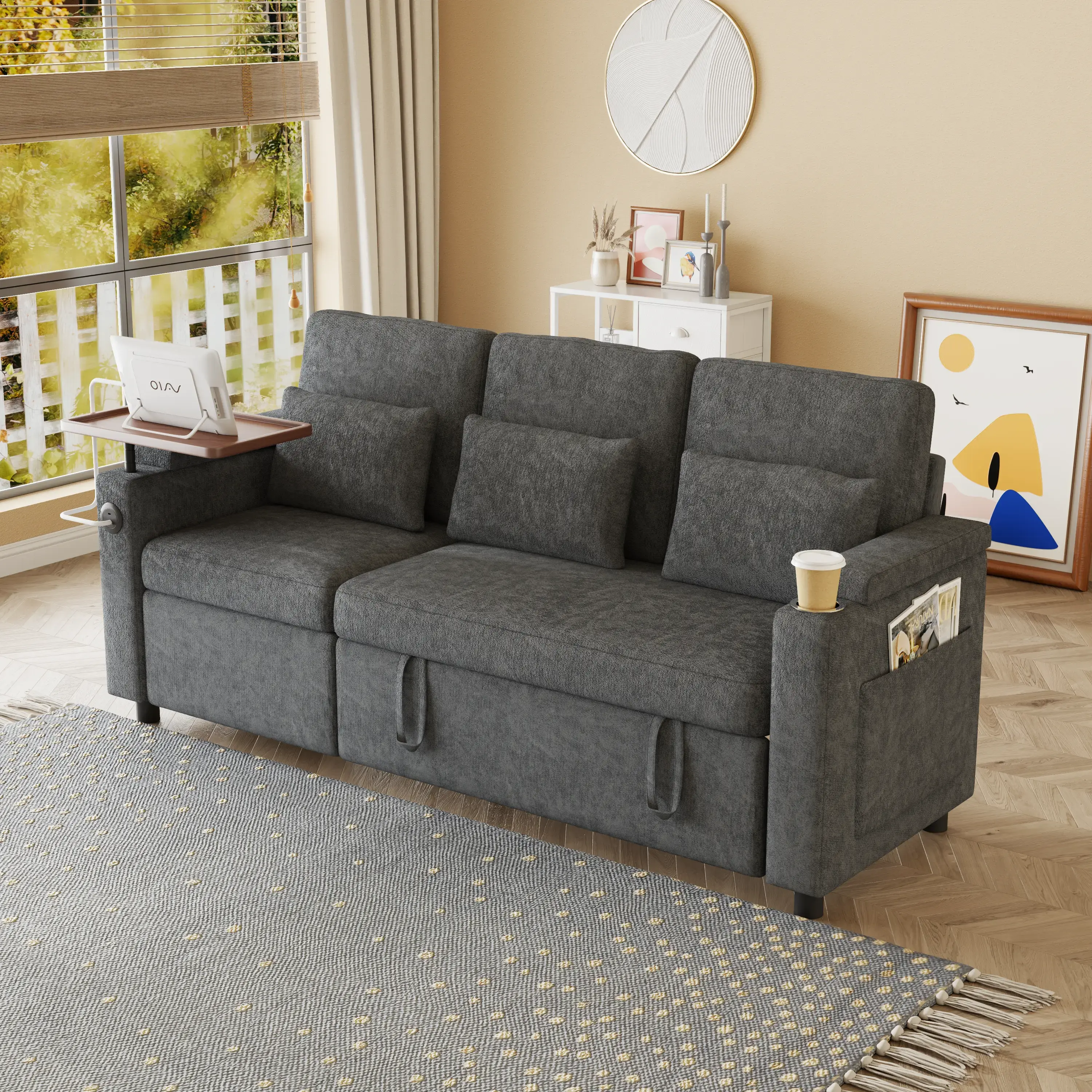 Aukfa 83" Convertible Sofa Bed, Chenille 3-Seater Pull-Out Sleeper Couch with Recliner, USB Port, Swivel Table & Storage Armrests,Gray