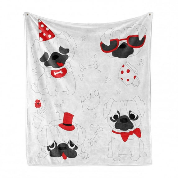 Pug Soft Flannel Fleece Blanket, Dogs in Various States Sad Happy Cool Excited Dog Bone Dotted Mug Caricature Style, Cozy Plush for Indoor and Outdoor Use, 60" x 80", Black Red White, by Ambesonne