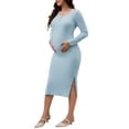 thumbnail image 4 of INSPIRE CHIC Womens Split Maternity Dress Long Sleeve Henley Collar Button Bodycon Ribbed Knit Pregnancy Photoshoot L Blue, 4 of 6