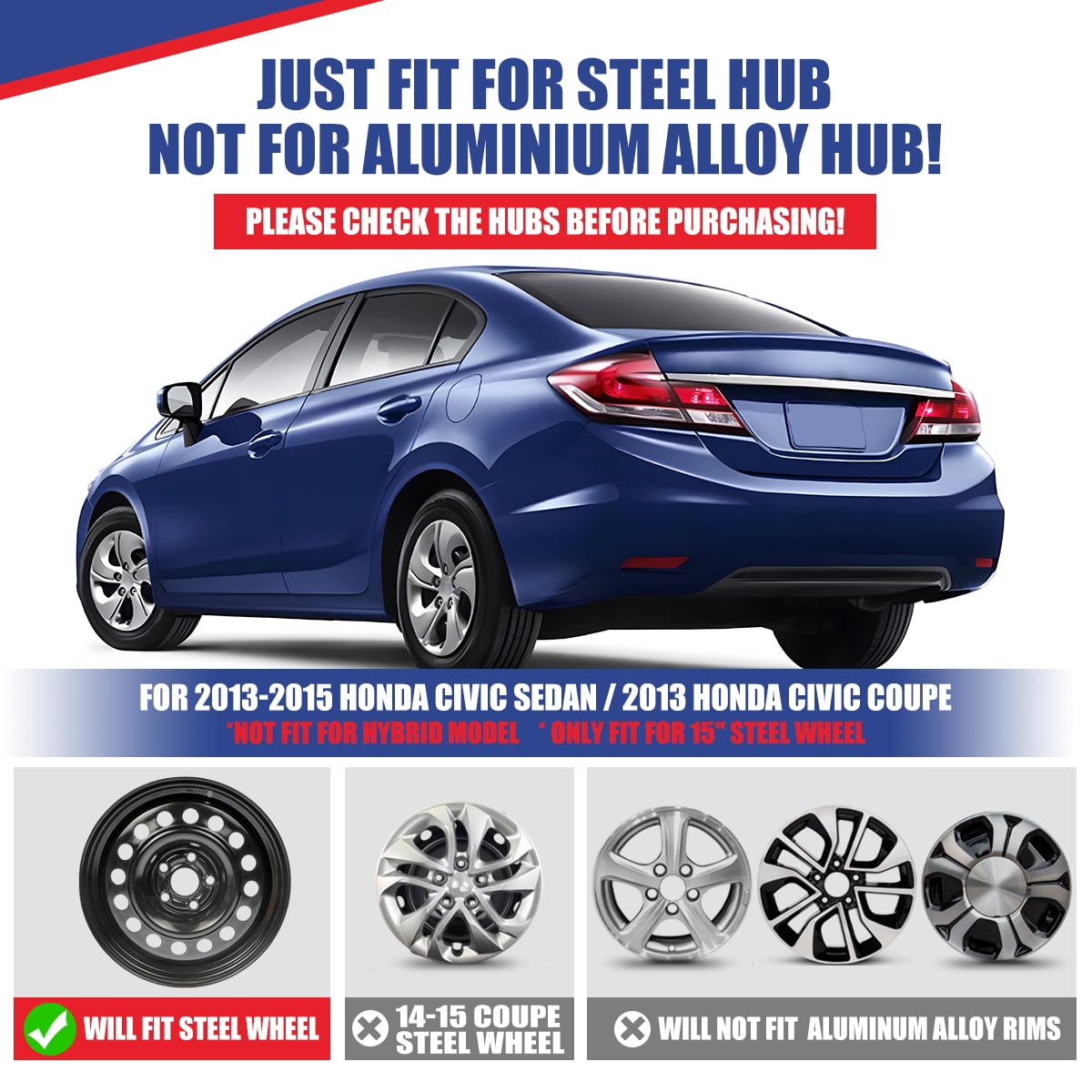 15 inch Set of 4 Hubcaps for Honda Civic Sedan 2013-2015,Wheel Rim Cover for Honda Civic Coupe 2013,Only Fit Iron Hub - Steel Wheel,Bolt on Installation,White Lacquer & Black Lacquer