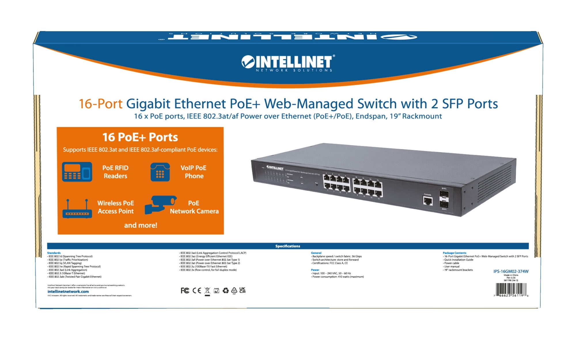 Intellinet 561198 16-Port Gigabit Ethernet PoE+ Web-Managed Switch with 2