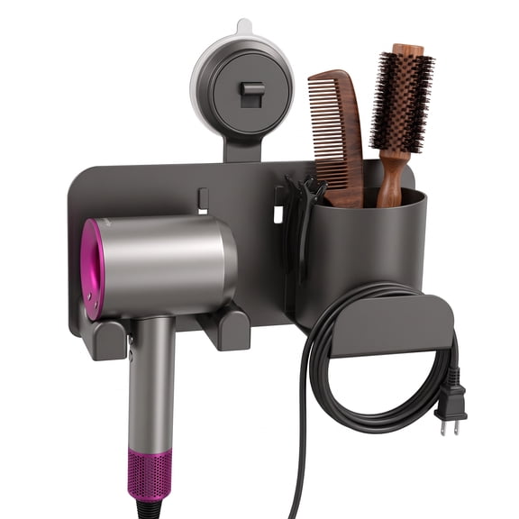 Riousery Hair Dryer Holder, Suction Cup Wall Mount Organizer with Storage Basket, Reusable No Drill Design for Bathroom