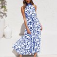 thumbnail image 3 of Women's Sleeveless Halter Neck Boho Floral Print Backless Flowy Beach Long Maxi Belted Dresses with Pockets, 3 of 3