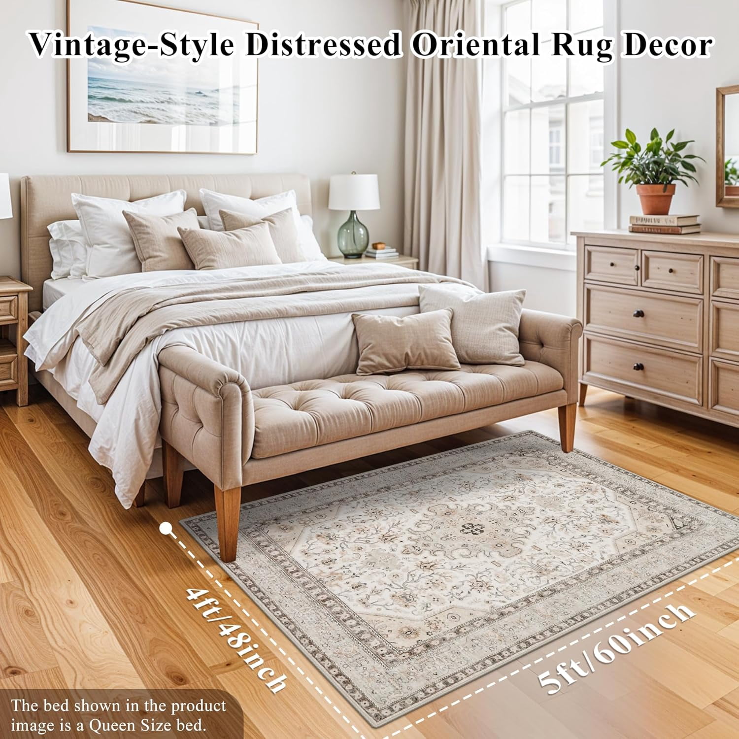 YOUFORTONG 4x5 Washable Entryway Area Rug, Non-Slip Oriental Farmhouse Low Pile Stain Resistant Thin Front Door Mat for Bathroom Kitchen,Ivory