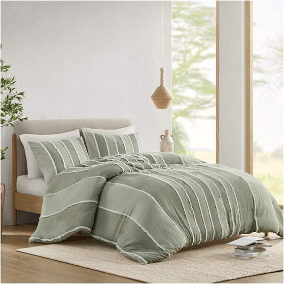 JERFIT Bohemian Striped Queen/Full Duvet Cover Set, 3-Piece 100% Cotton Colorful Jacquard Trim Bedding with Ties, OEKO-TEX Certified