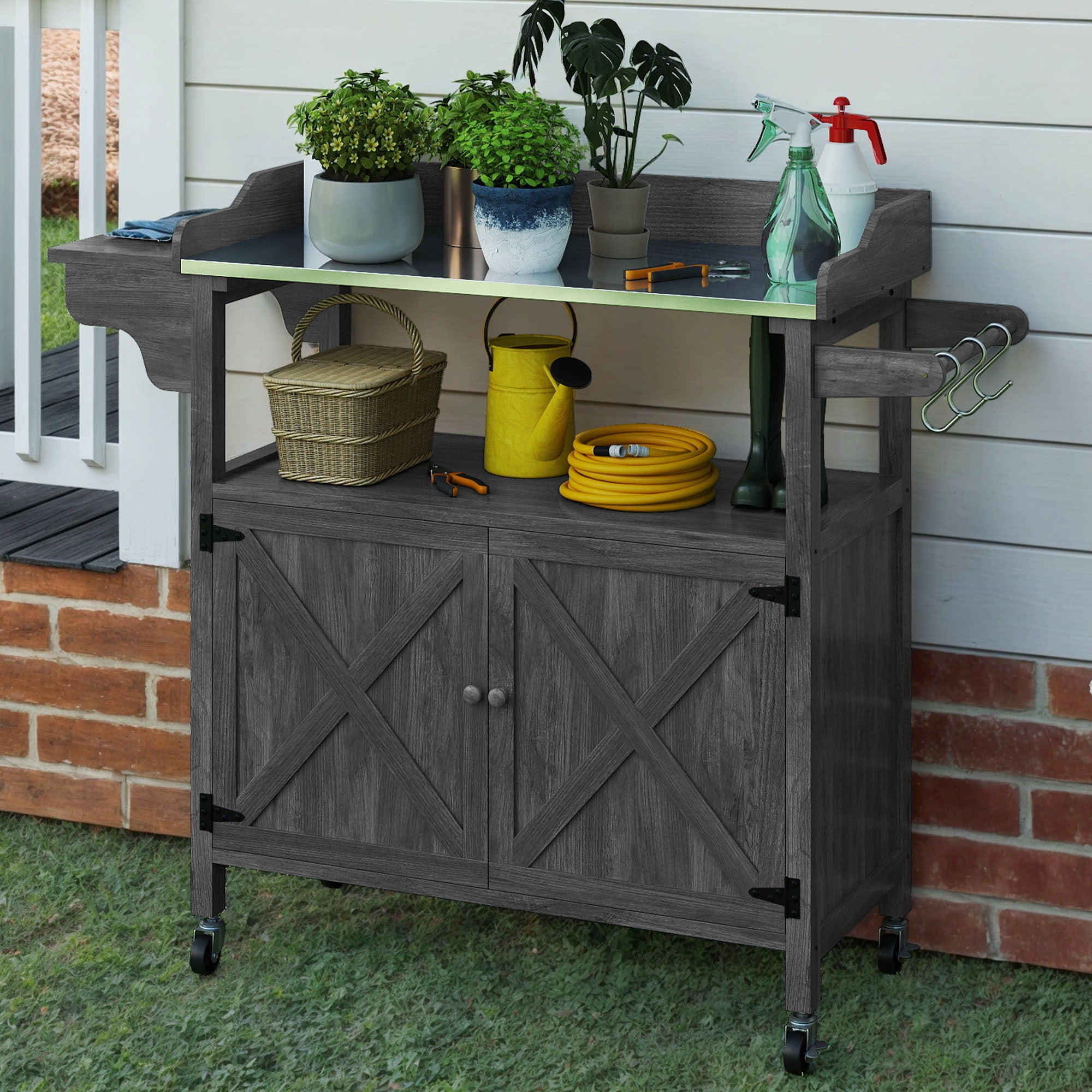 Uforic Outdoor Potting Bench Table, Planting Work Bench with Galvanized Metal Tabletop, Foldable Side Panel, 4 Casters, Adjustable Shelf, Garden Workstation for Patio/Backyard, Gray