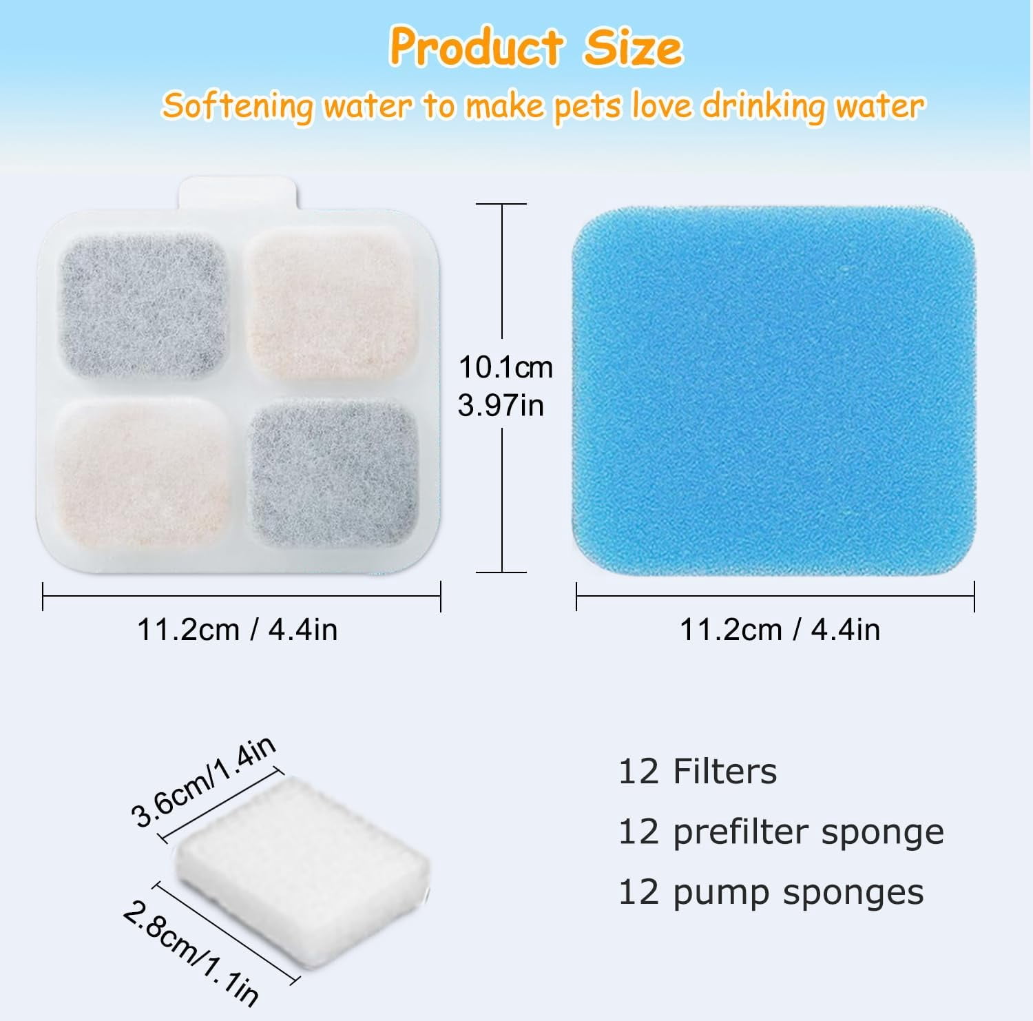 ABCISI 12+12 Pack Replacement Filters for Oneisall PW07SAU 10L/2.64Gal Stainless Steel Dog Water Fountain, Includes 12 Filters&12 Sponges, Improves Water Taste, Promote Pet Health&Encourage Drinking
