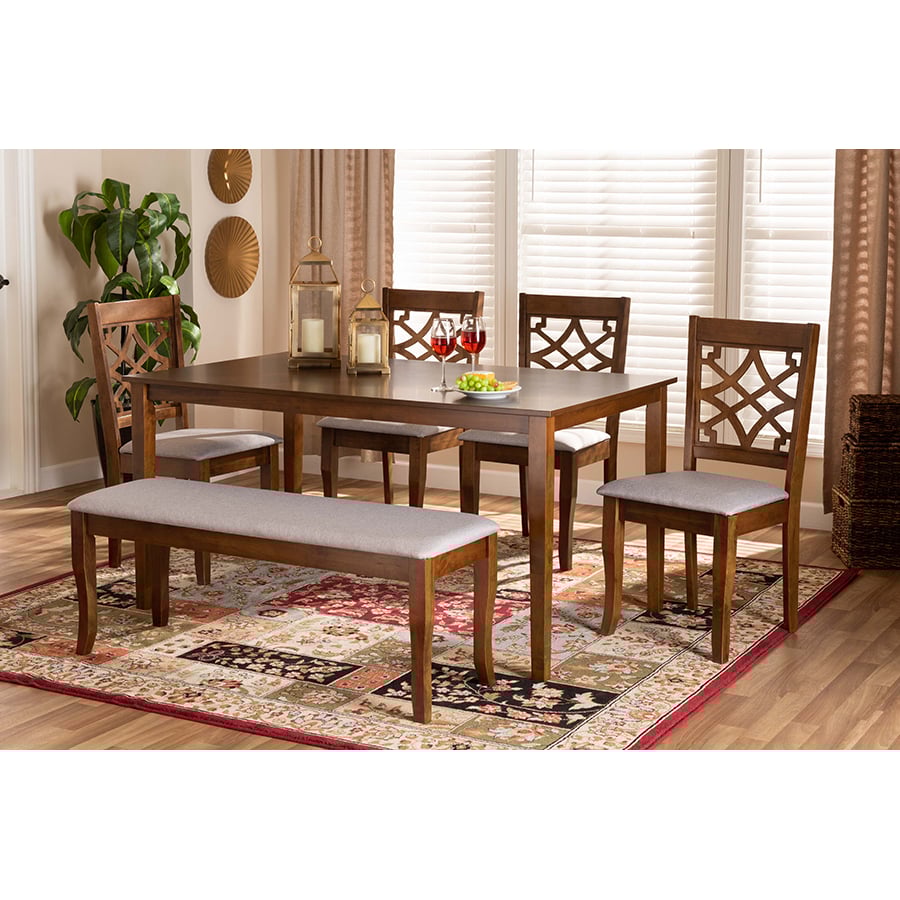 Baxton Studio Dori Modern and Contemporary Grey Fabric Upholstered and Walnut Brown Finished Wood 6-Piece Dining Set
