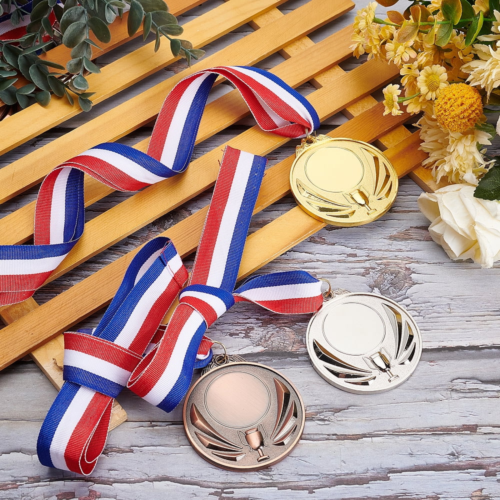 12Pcs 3 Colors Zinc Alloy Blank Award Medals with Polyester Cord Flat Round with Trophy Pattern Mixed Color 19.76 inch(50.2cm) 4pcs/color DIY