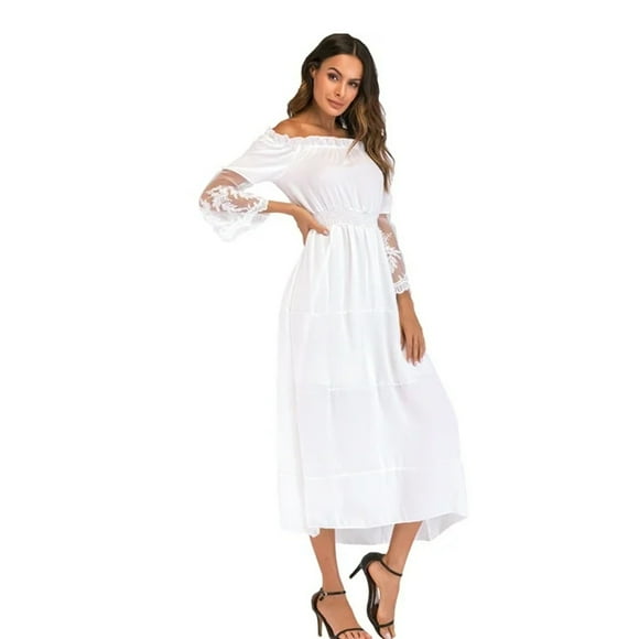 Vestido largo maxi para mujer, con hombros descubiertos, encaje, mangas acampanadas, elegante vestido de fiesta de noche bohemio blanco