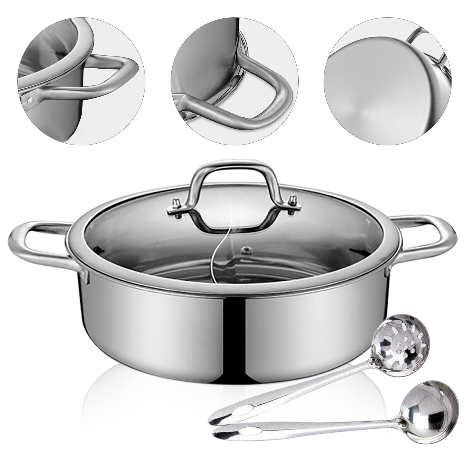 Double-flavor Shabu Shabu Hot pot with Divider & Soup Ladle, 304 Stainless Steel Shabu Shabu Pot, Safe Design Dual Sided Hot Pot for Induction Cooktop, Cookware Multi Cooker (12.6"(32cm))