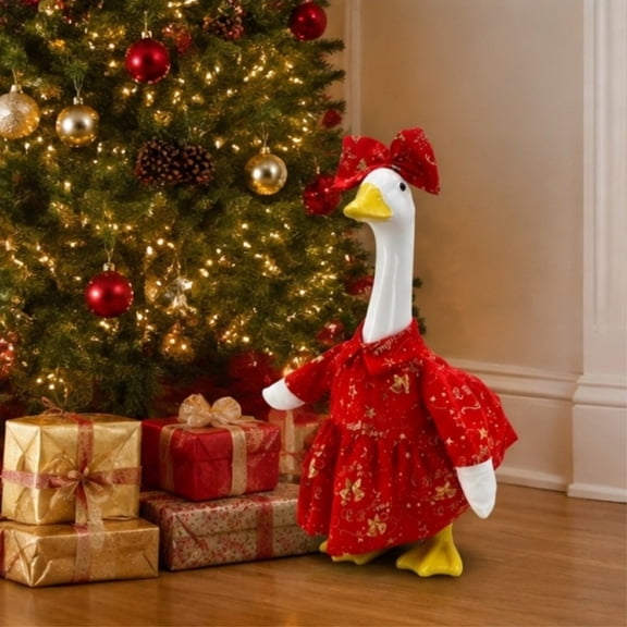 Aurorax Christmas Porch Goose Outfits 23" Holiday,Goose Clothes for Cement Goose Porch Goose 17/19 inch,Holiday Red Gold Foil Tree Printed Dress Porch Goose Accessories for Outdoor Yard