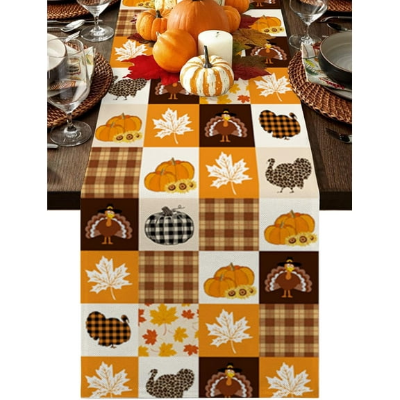 Thanksgiving Table Runners 108 inches Long, Turkey Pumpkin Cotton Linens Table Cloth Dresser Scarves for Wedding Dinning Tables Parties Holiday Home Decor, Buffalo Plaid Orange Table Decorations