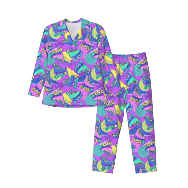 Fotbe Disco Roller Skates Pijama de Hombre con Estampado de Manga Larga, Conjunto de 2 Piezas, Ropa de Dormir Suave y Cómoda con Bolsillos-XX-Large
