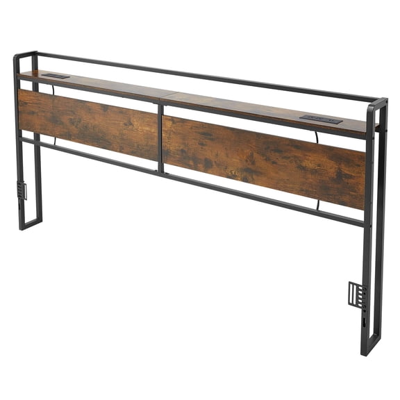 KFFKFF King Size Bed Headboard with Storage Shelf, Built-in Charging Station with Outlets, USB, and Type-C Port, Durable Carbon Steel Frame, Adjustable Height, Black and Brown Finish