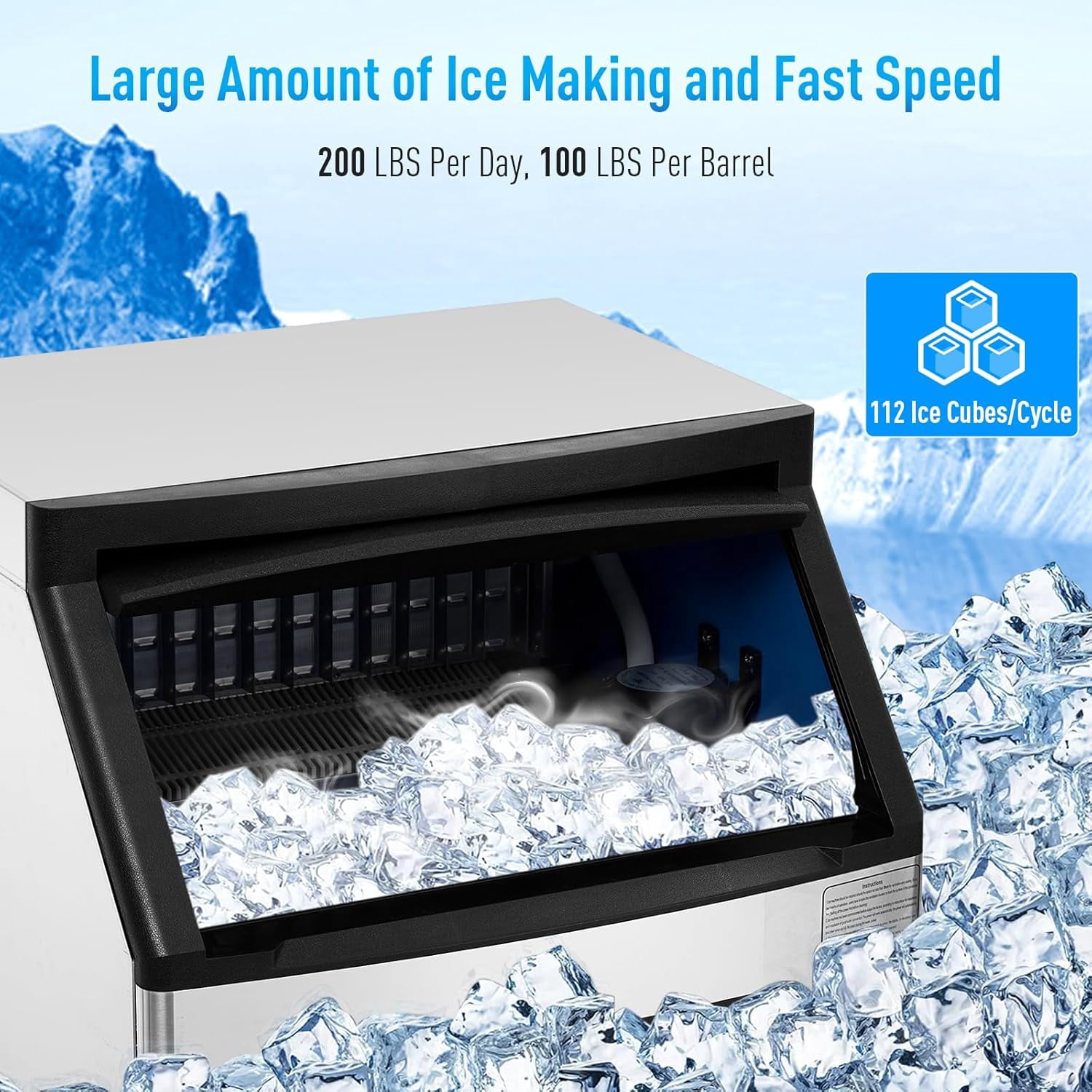 IdealHouse Commercial Ice Maker Machine 160LBS/24H, Freestanding Stainless Steel Ice Maker with 100 Lbs Capacity, Industrial Ice Machine, Ice Ready in 5-15 min, Under Counter Ice Maker