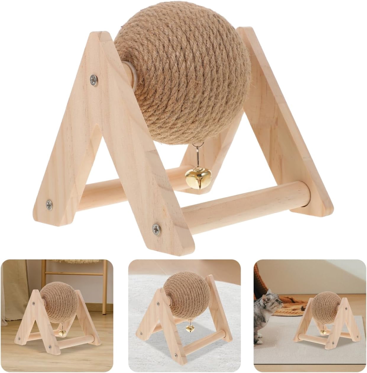 ABPETE Cat Scratcher Toy with Sisal Ball Cats Scratching Rope Ball Interactive Rotatable Wood Pet Scratcher Toys Durable for Indoor to Grind Claws Pet Furniture Supplies