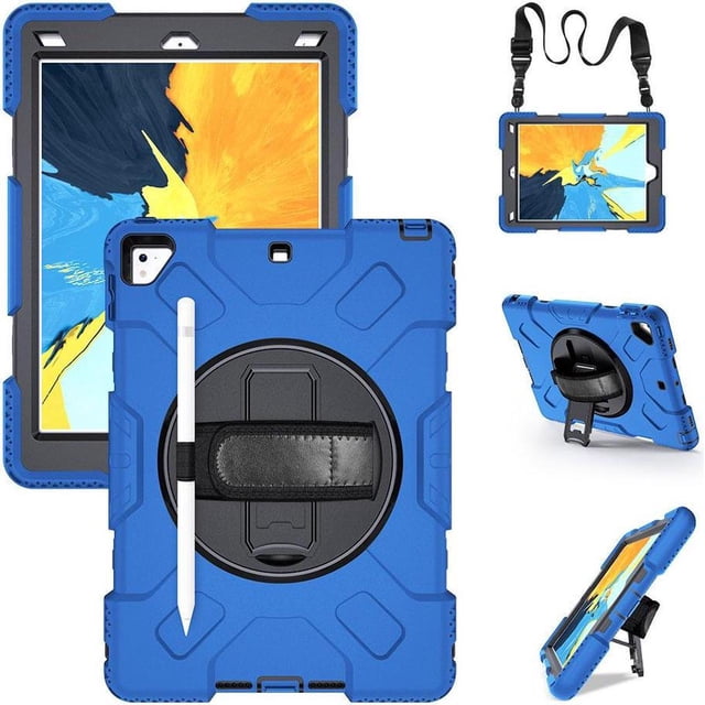 Case for iPad 6th 5th Generation 9.7 inch 2018 2017 / iPad Pro 9.7 / iPad Air 2 Protective Cover with 360° Rotating Stand, Hand/Shoulder Strap, Pencil Holder